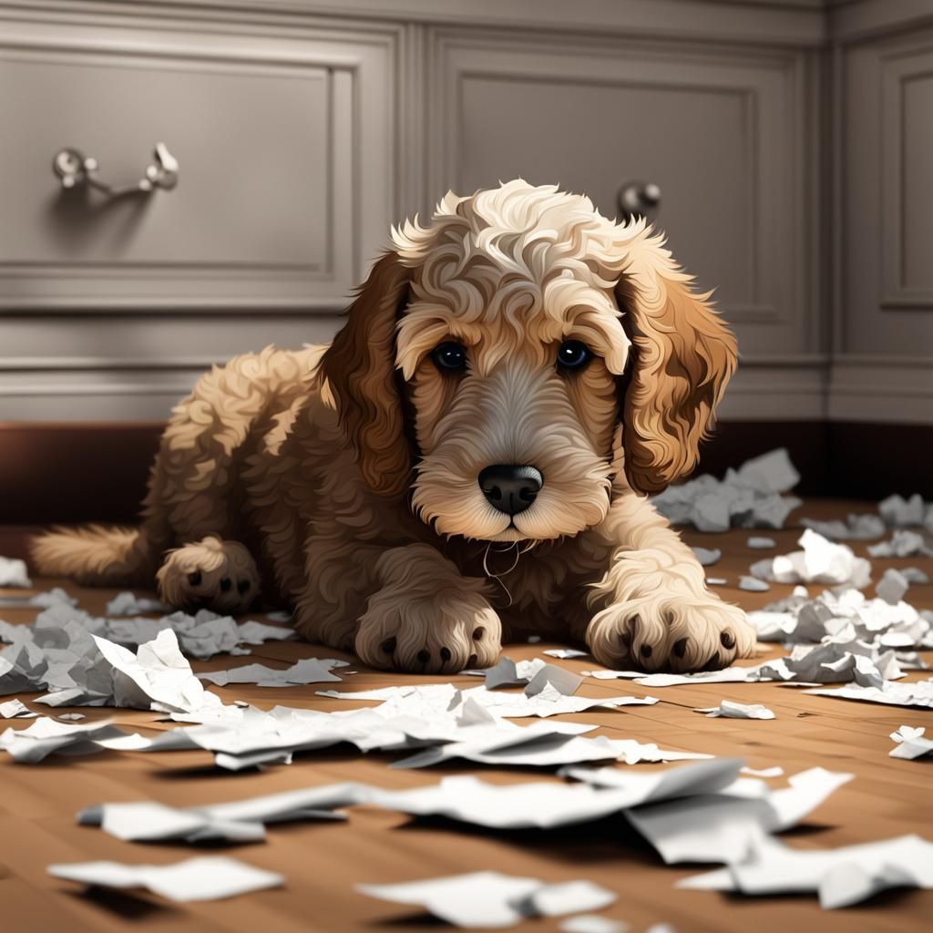 Guilty Cockapoo Puppy with Chewed Paper