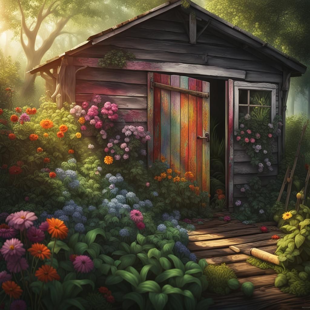 Shed Renovation in Lush Garden: Vivid Digital Art