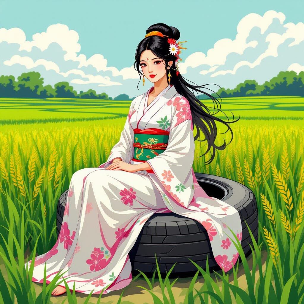Goddess of Rice on Tire in Lush Fields