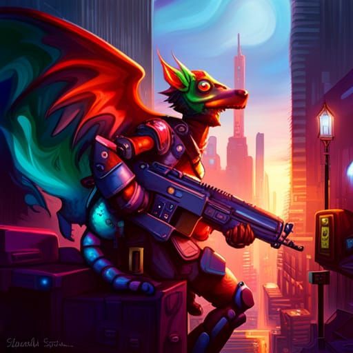 Cyborg Kobold in Neon City Graffiti Art