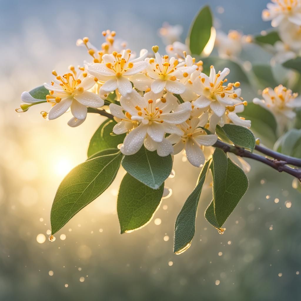 Dew-Kissed Osmanthus Branch in Morning Light