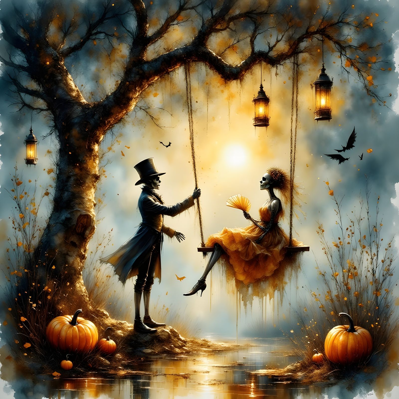 Fairytale Autumn Graveyard Twilight Scene