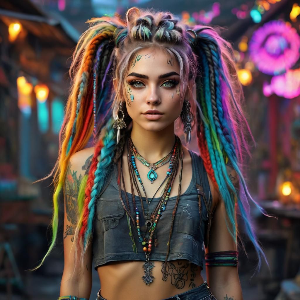 Mischievous Punk Pixie with Bioluminescent Tattoos