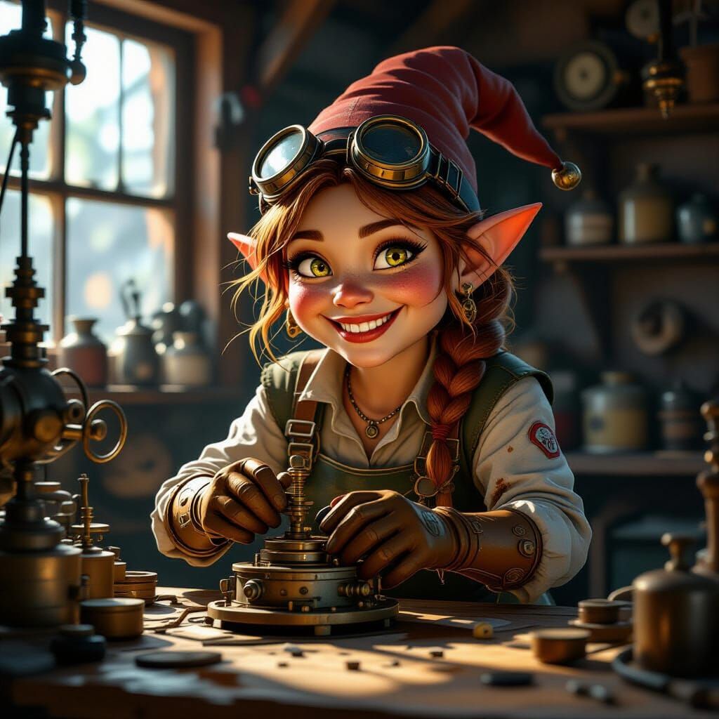 Steampunk Gnome Engineer in Workshop