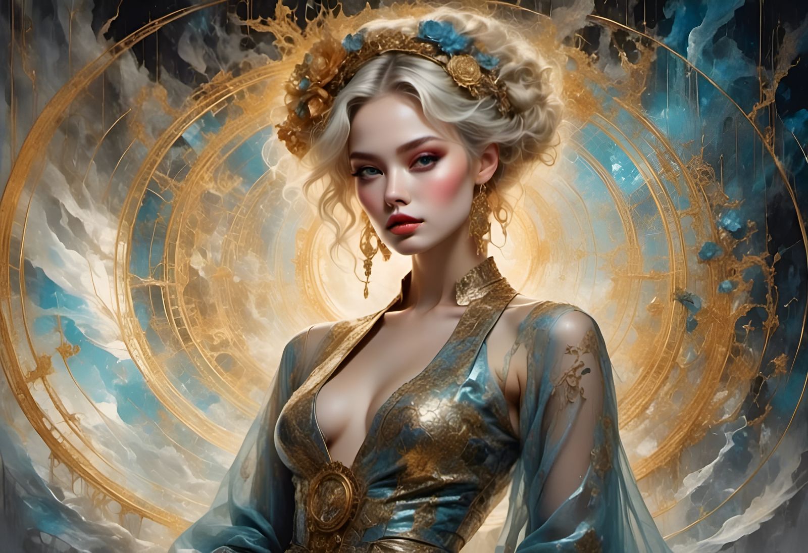 Avant-Garde Woman with Solar Halos in Watercolor Style