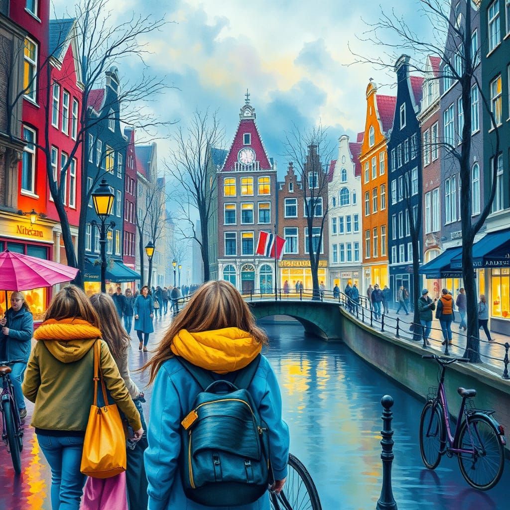 Vibrant Tourists in Amsterdam's Colorful Canal Scene