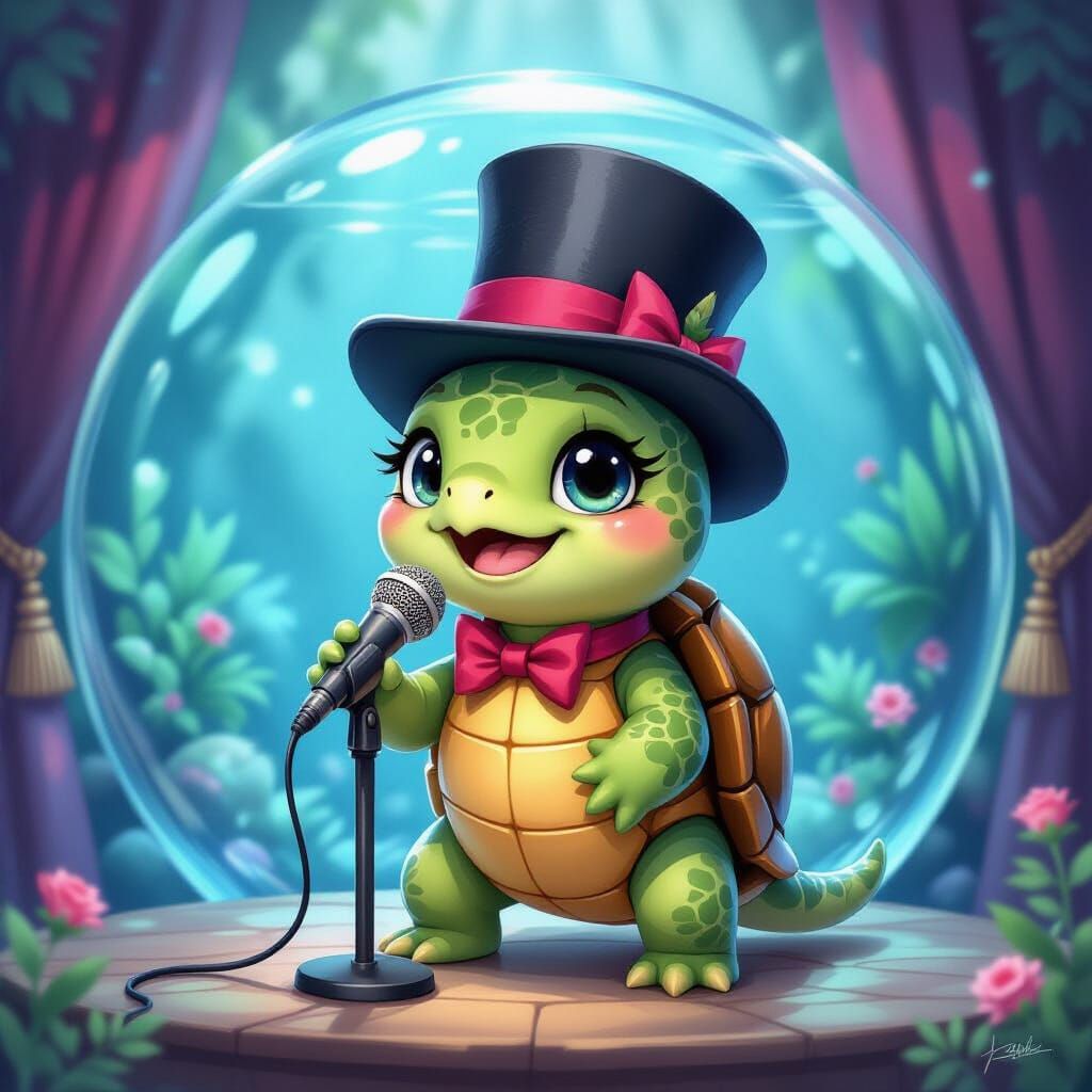 Chibi Turtle Crooner: Watercolor Aquarium Concert