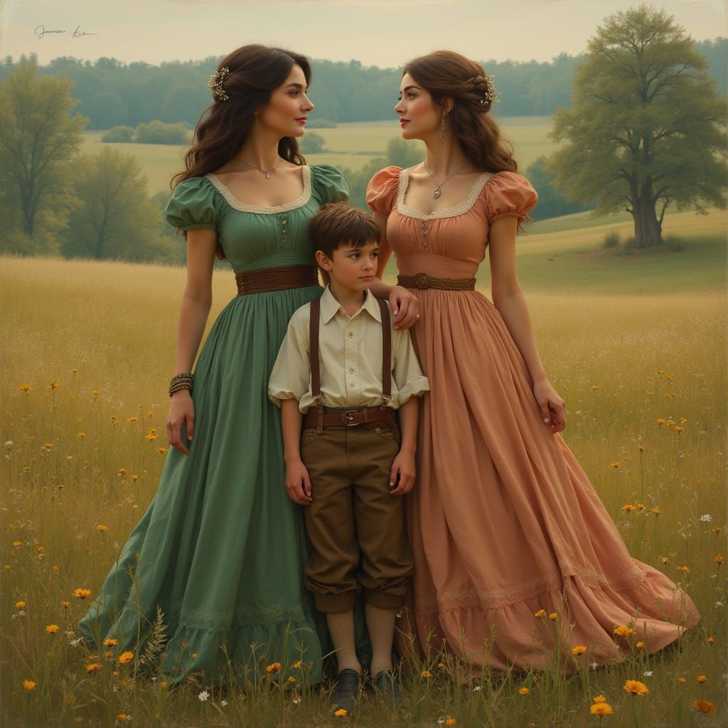 Elegant Women and Peasant Boy in Art Nouveau Style