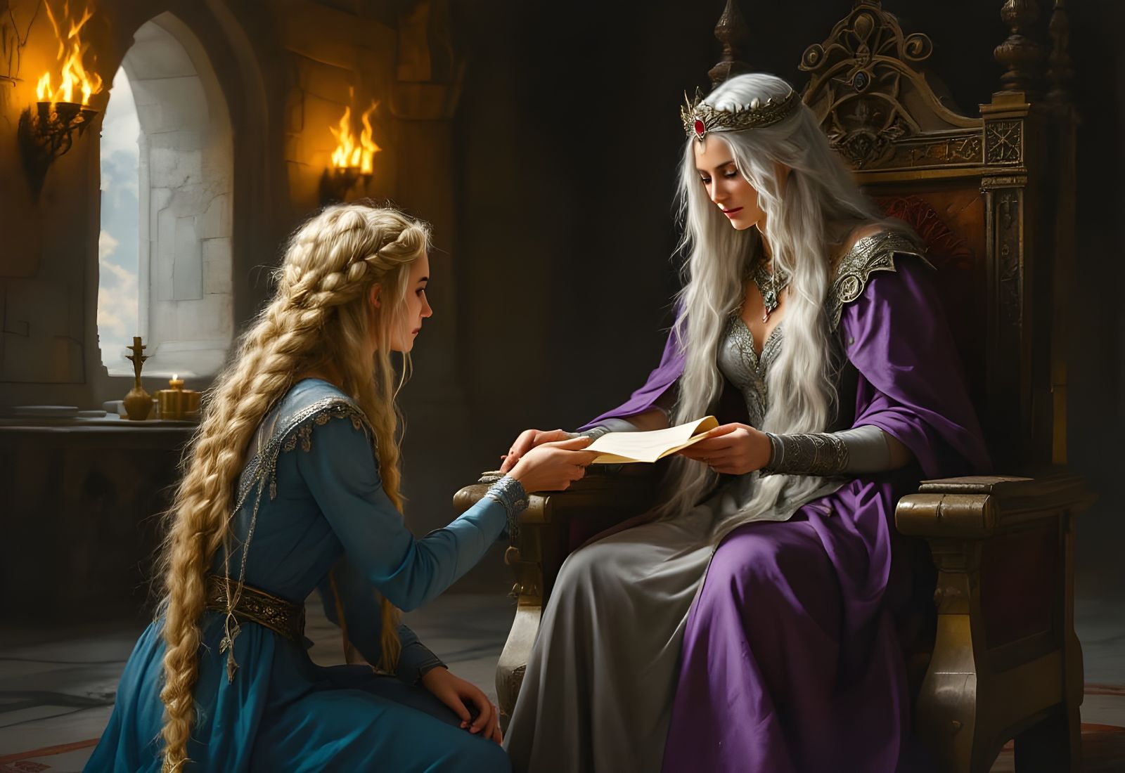 Frigg and Gná in Ornate Norse Hall as Oil Painting