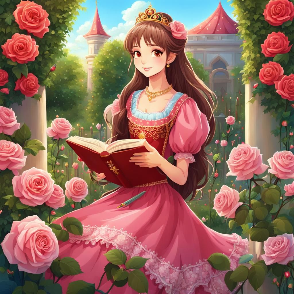 Anime Princess Reading in Rose Garden