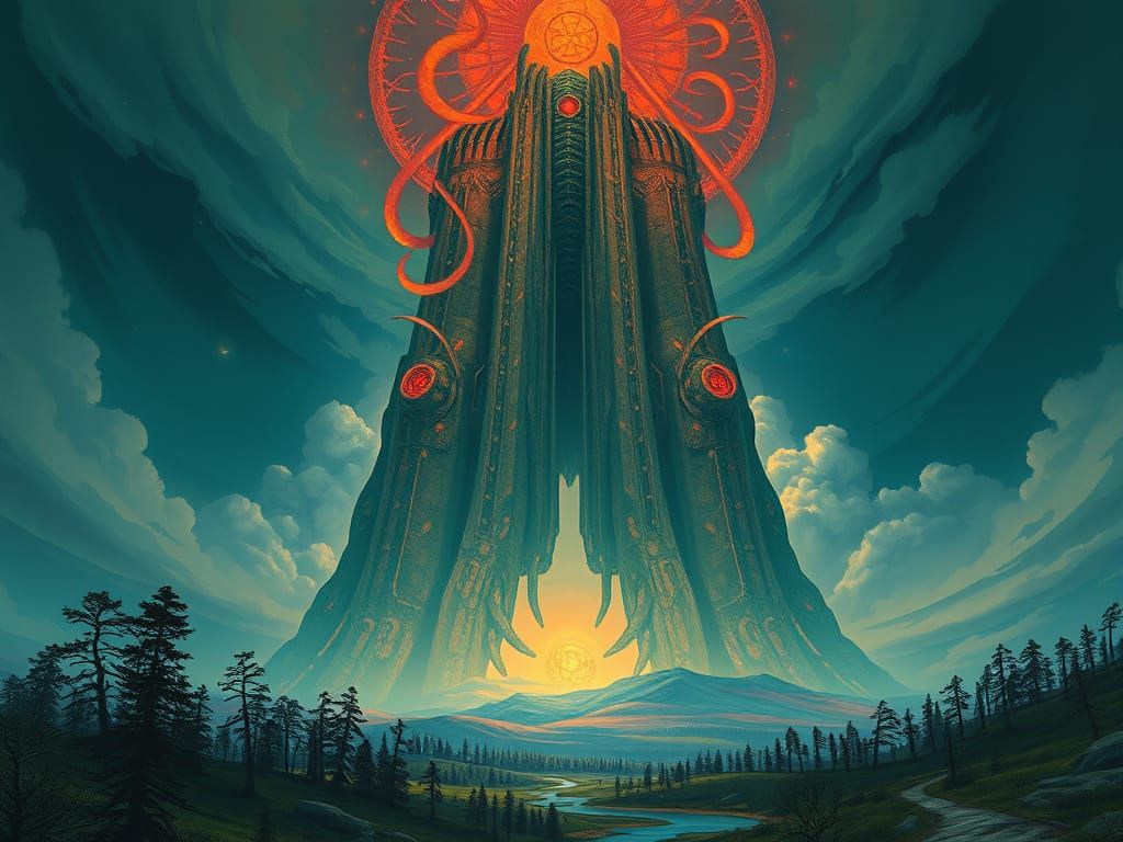 Colossal Figure Dominates the Landscape in a Dreamlike, Surr...