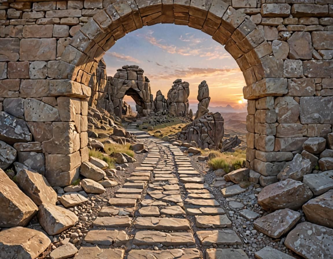 Mystical Landscape with Ancient Archway at Sundown