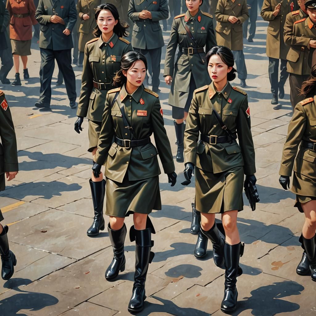 North Korean Female Soldiers Parade in Leather Boots