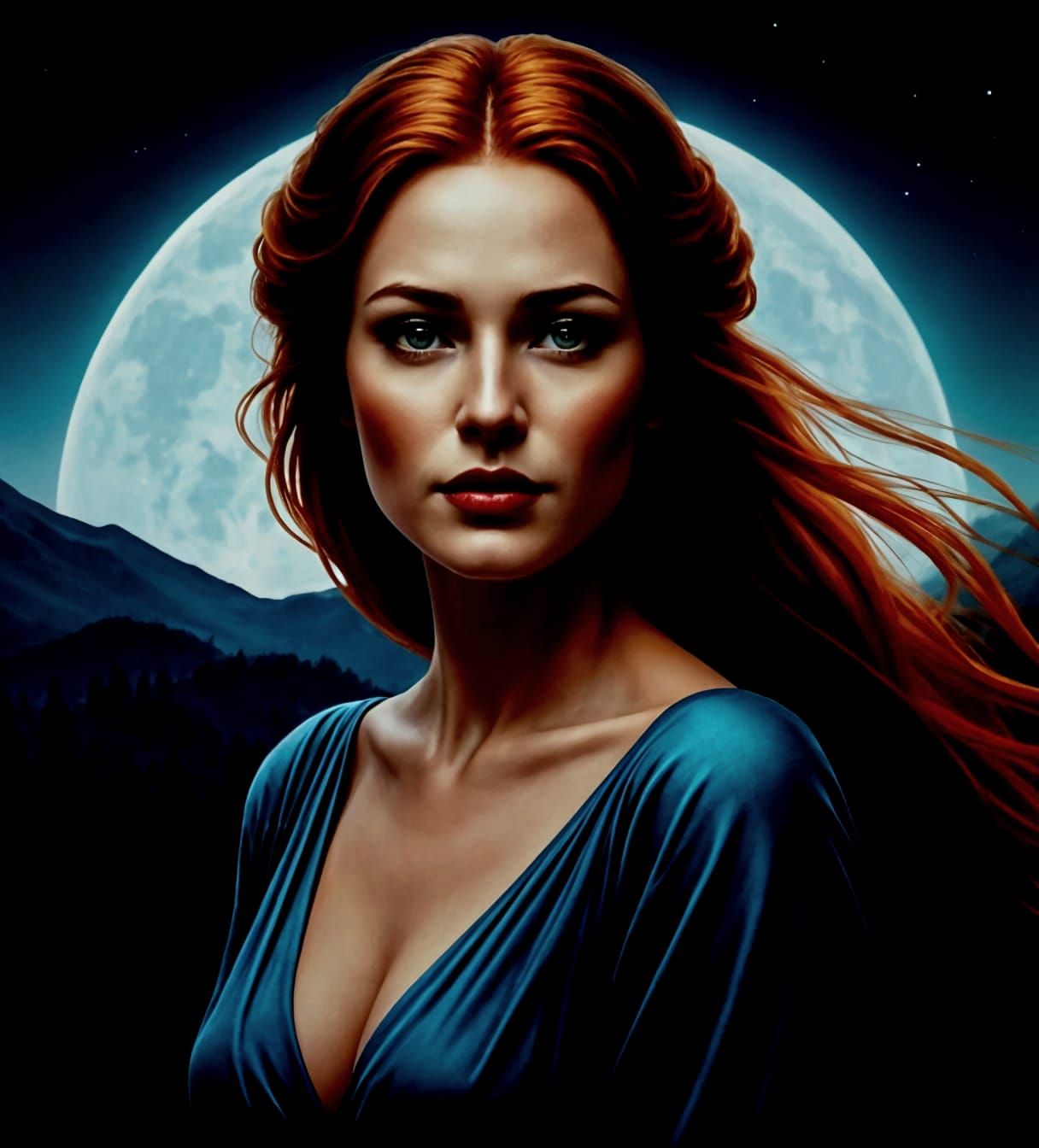 Auburn Haired Woman Gown Moonrise
