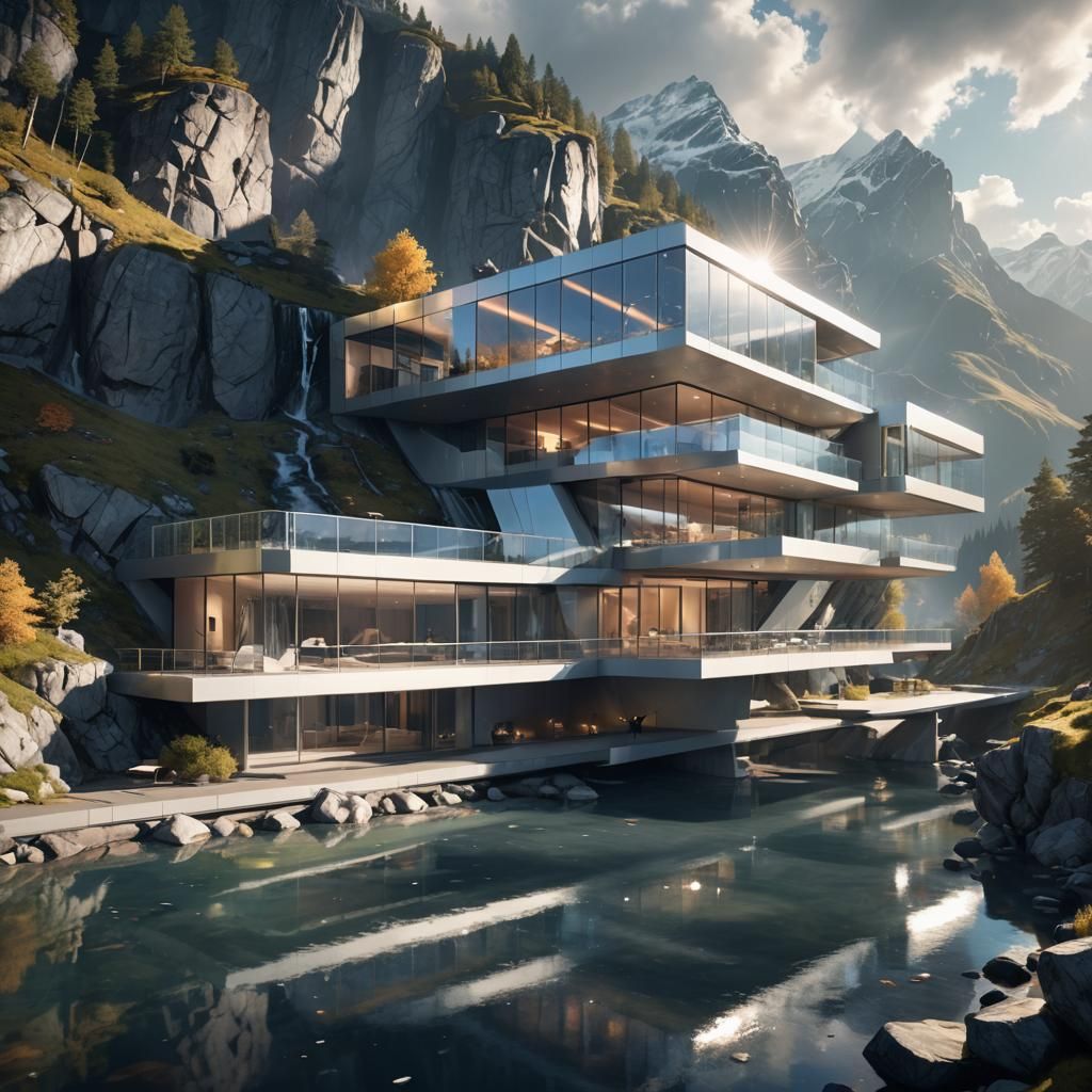Ultramodern House on Mountain Bridge in 3D Style