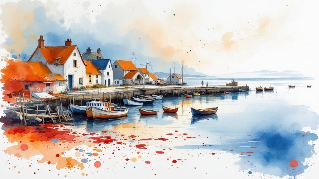 Vibrant Coastal Village Scene in Expressive Watercolor