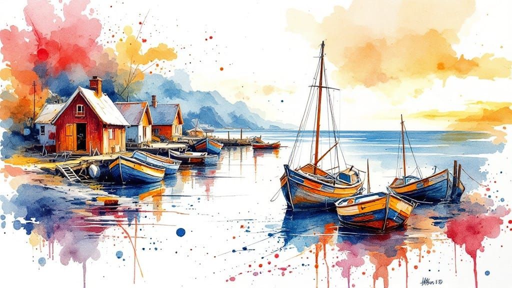 Coastal Village Painting in Expressive Watercolor