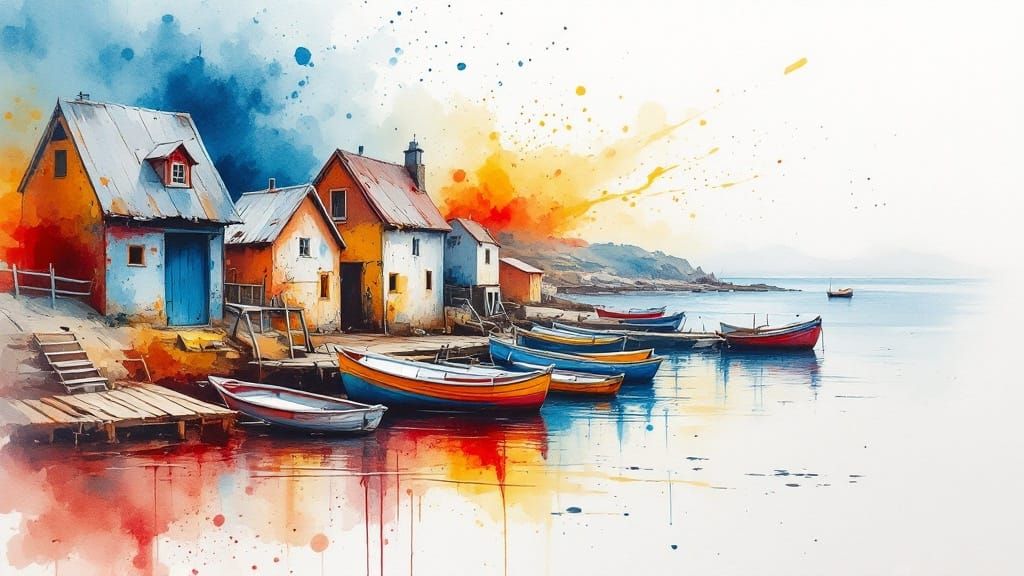 Coastal Fishing Village in Expressive Watercolor