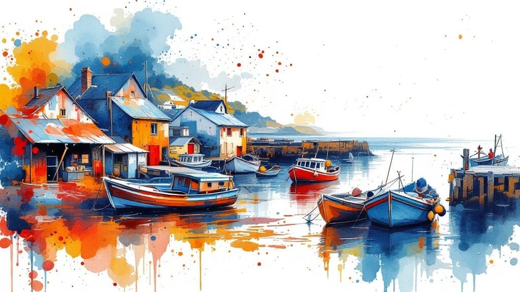 Coastal Fishing Village in Vibrant Watercolor