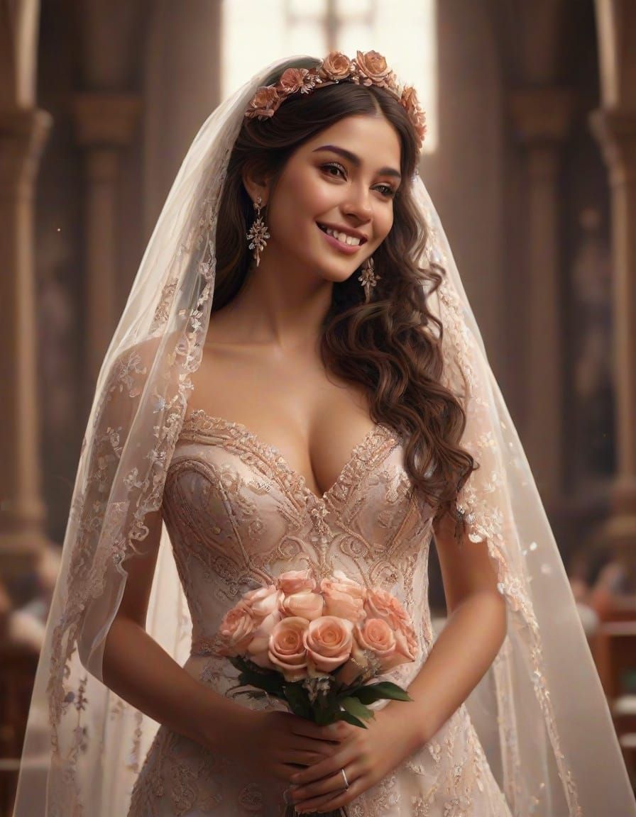 Fantastical Hispanic Bride in Rose Gold Wedding Gown