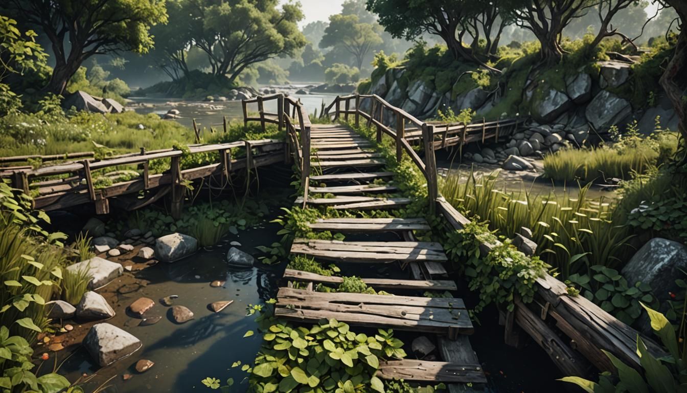 Photorealistic Collapsed Footbridge in Overgrown Landscape