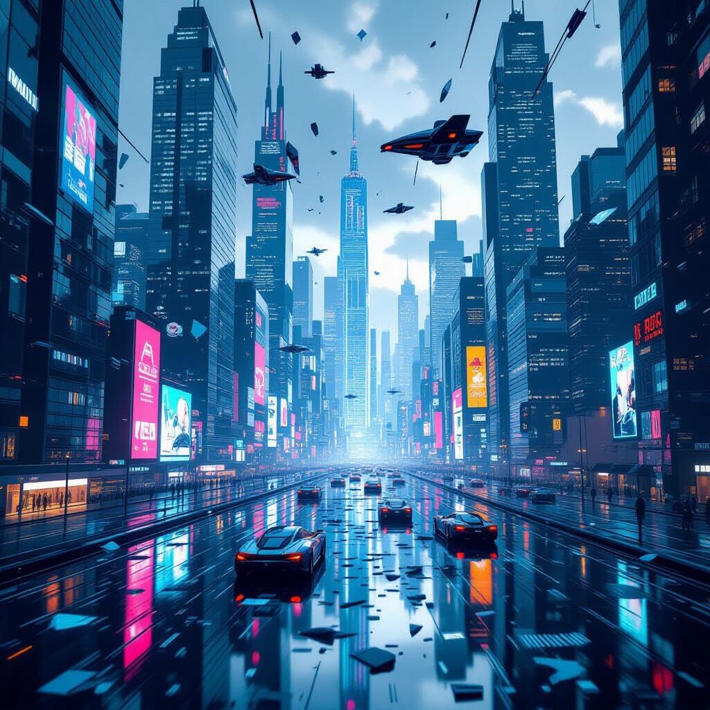 Kaleidoscopic Futuristic Cityscape Reflected in Shattered Mi...