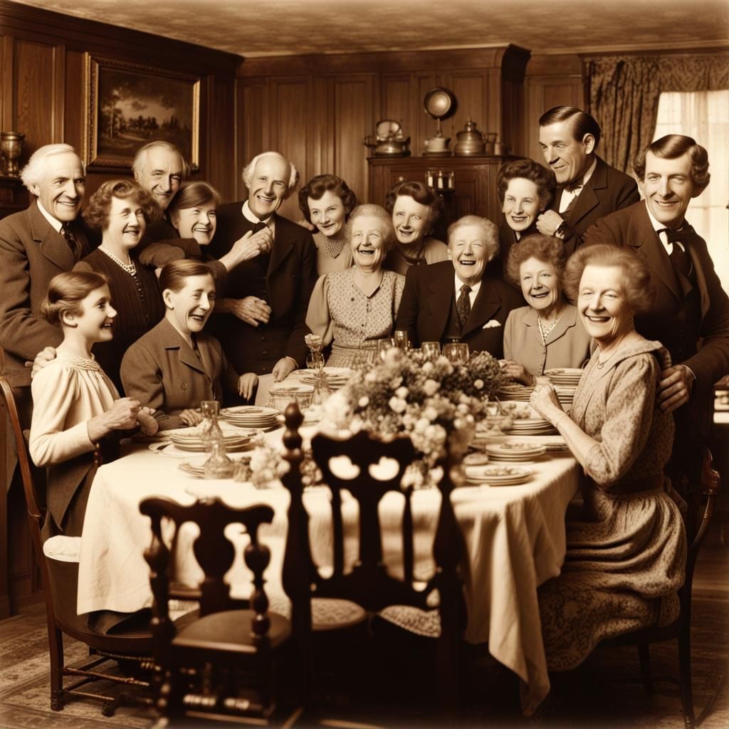 Vintage Photograph of a Joyful Family Dinner