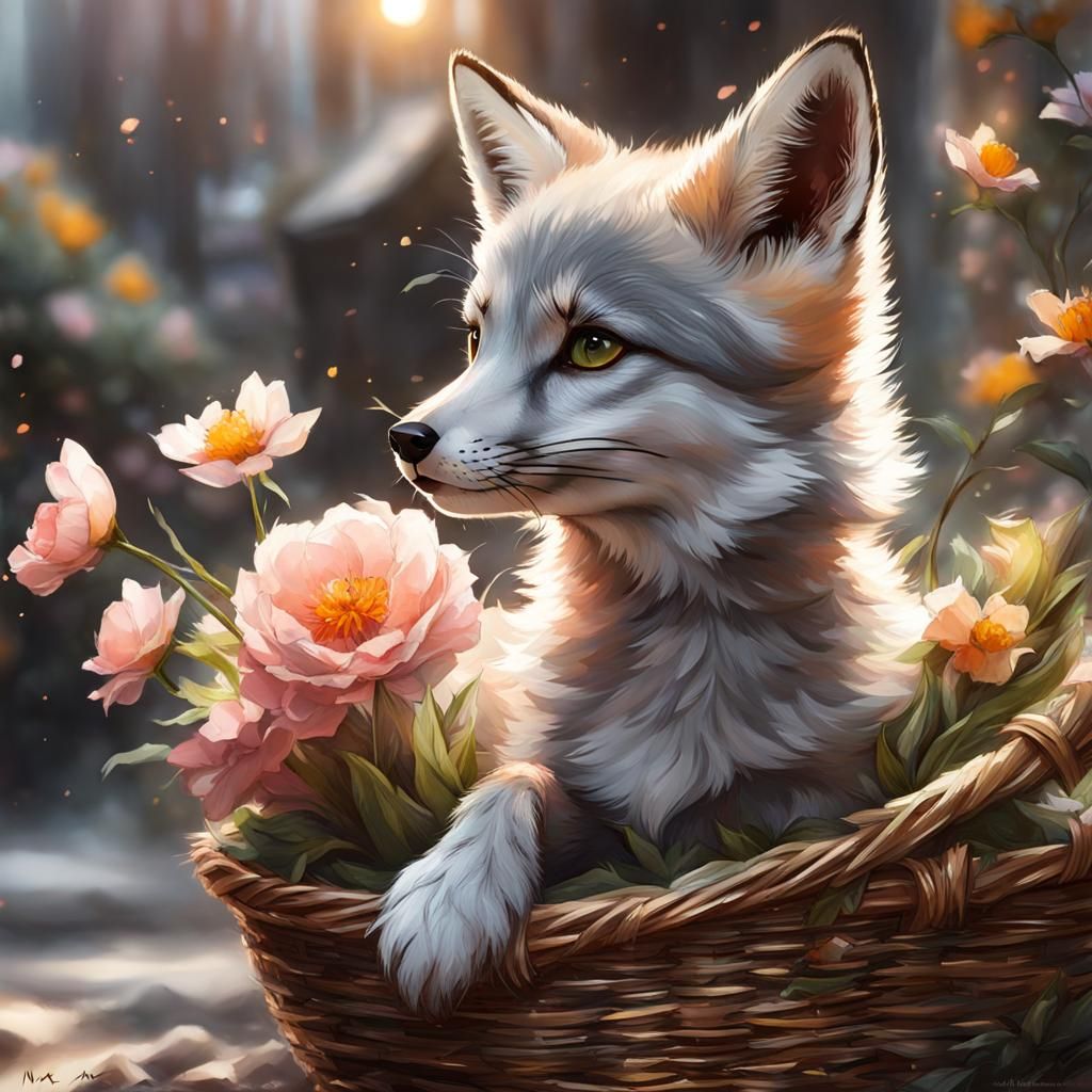 Cute Fox Pup in Flower Basket