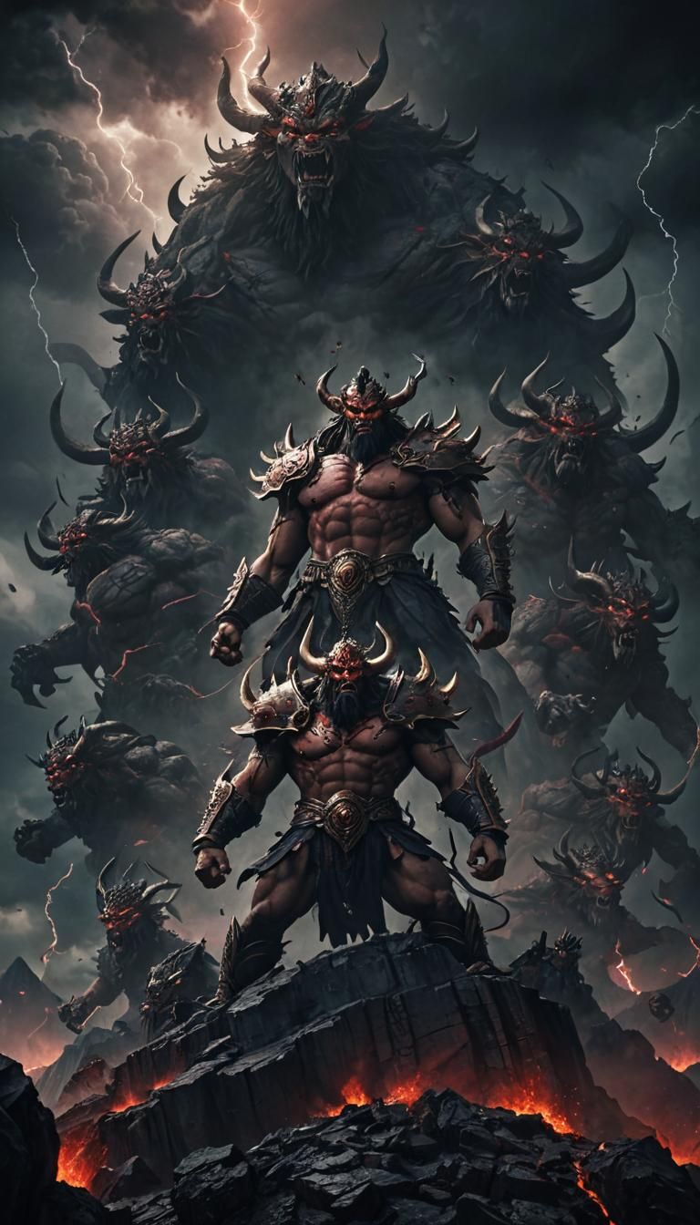 Epic Multi-Headed Figure on Mountain Peak