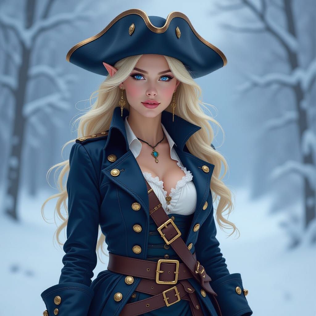 Blond Elf Maiden in Pirate Coat in Snowscape