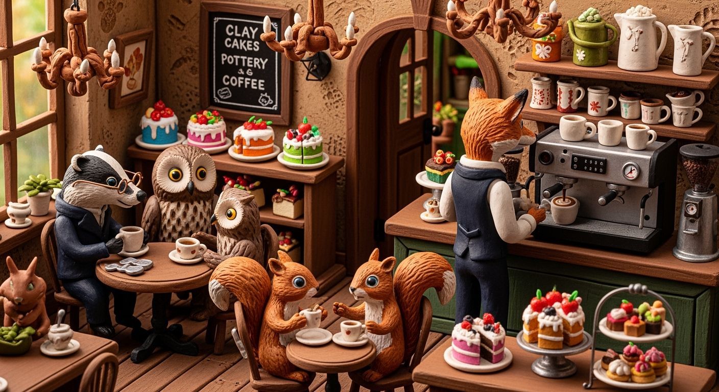 Charming Clay Cafe Scene with Anthropomorphic Animals
