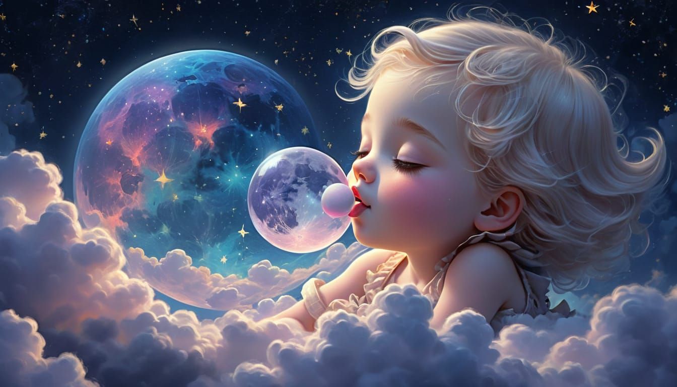 Surreal Moon Blows Bubblegum Bubble in Starry Night Sky