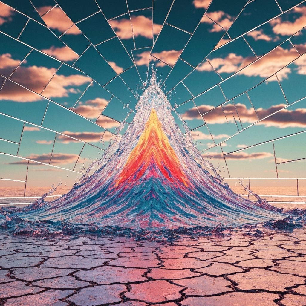 Surreal Liquid Pyramid Amidst Cracked Earth