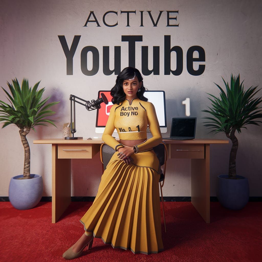Exotic Indian Influencer Sits in Front of a Vibrant YouTube-...