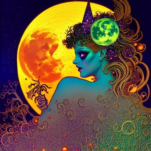 Halloween Goddess with Bats and Pumpkins Under Nebula Sky