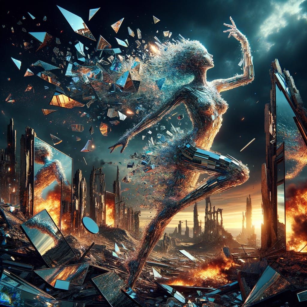Glass Woman in Shattered Cityscape