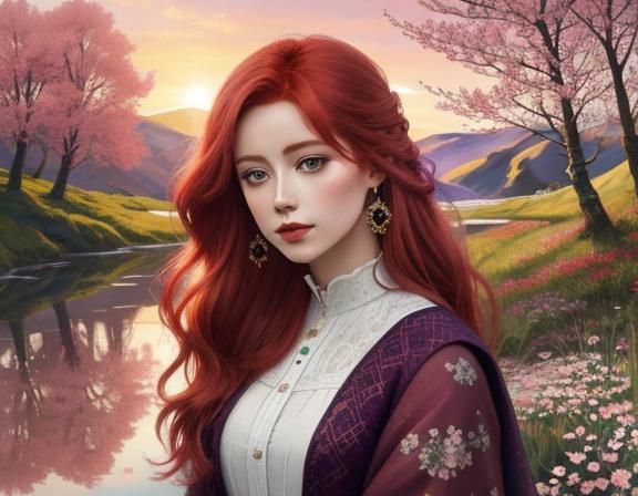 Stunning Irish Woman in Watercolor Sunset Illustration