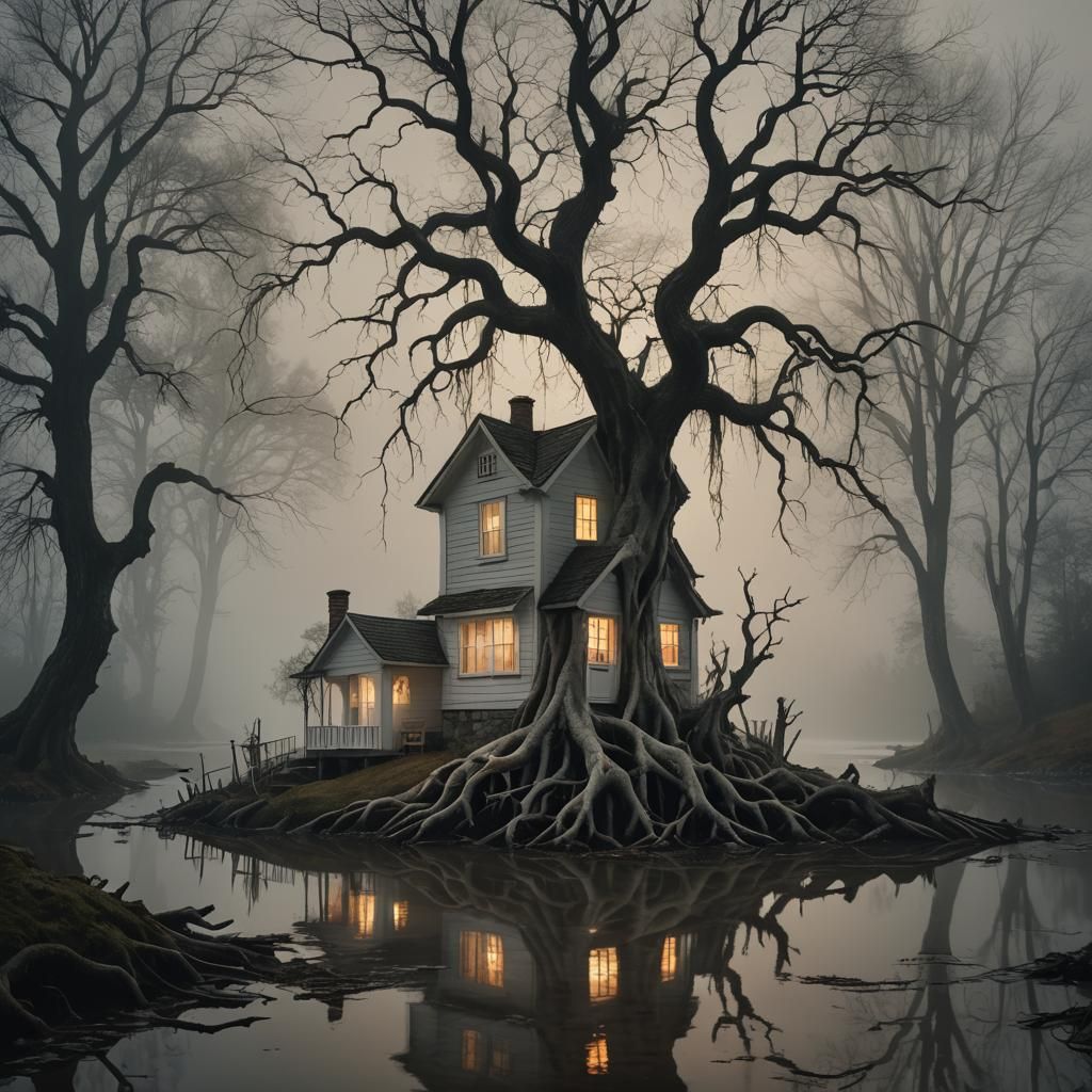 Eerie Surreal Cottage Next to River