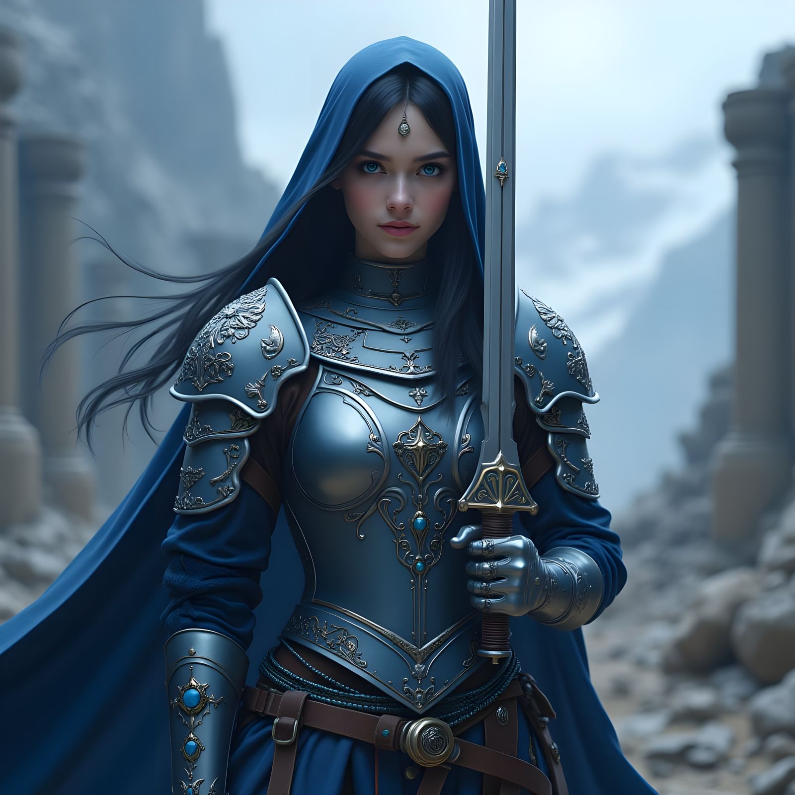 Mystical Warrior Nun in Ancient Ruins, Inspired by Fantasy C...