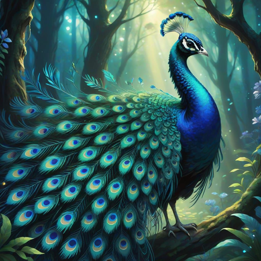 Majestic Peacock in Bioluminescent Forest