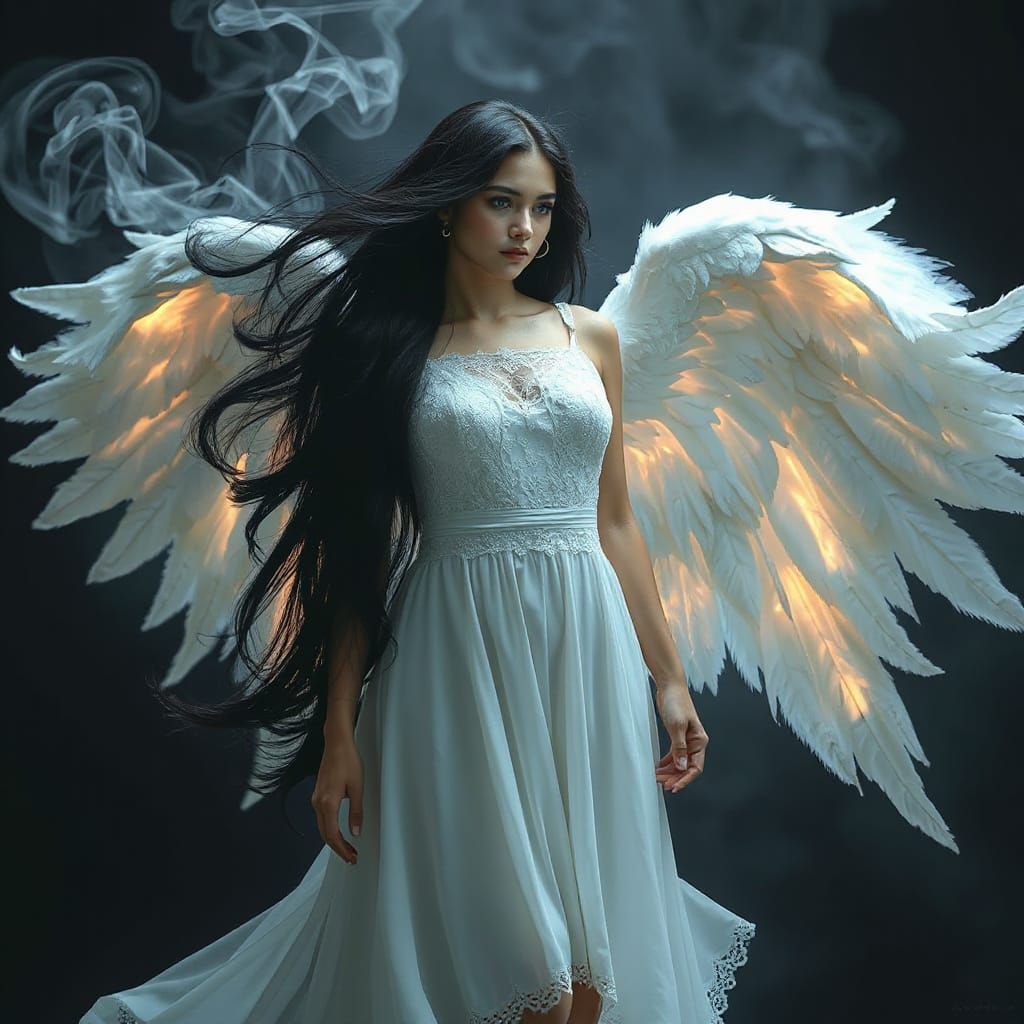 Ethereal Angel Dissolving into Smoke: Futuristic Elegance