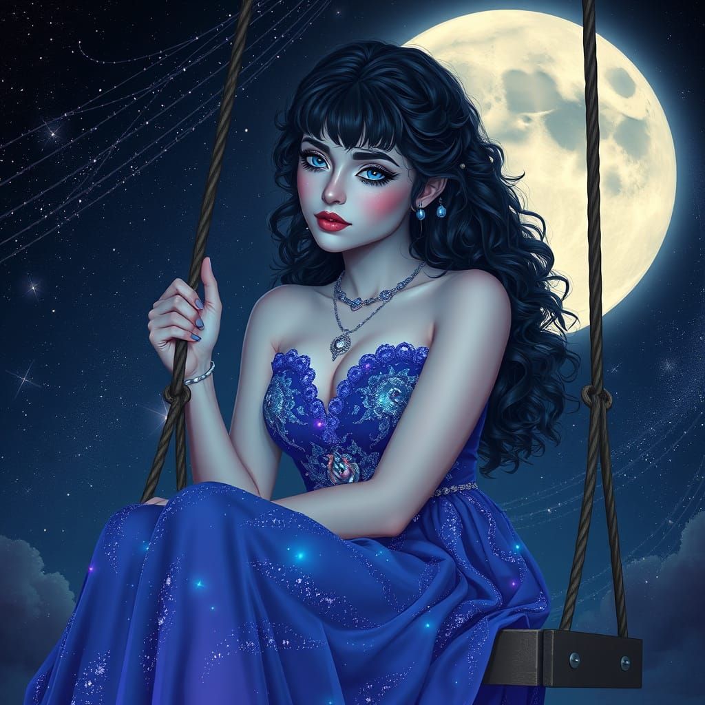 Ethereal Woman on Swing with Cosmic Moon