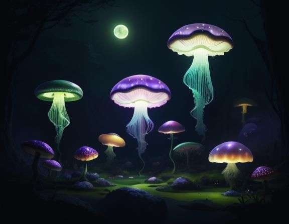 Jellyfish in Toadstool Forest, Beatrix Potter Style