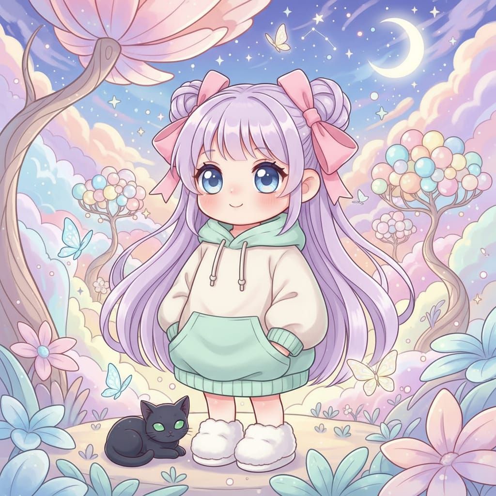 Whimsical Digital Art: Girl, Kitten, and Fantasy Landscape