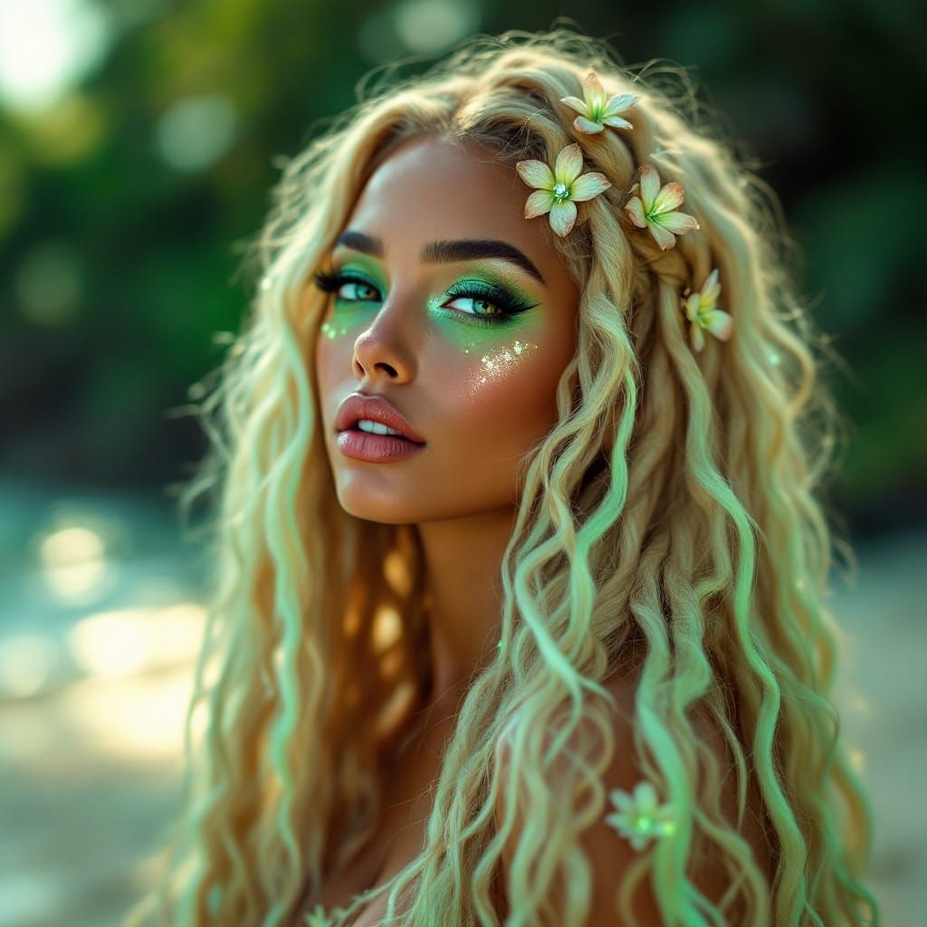 Neon Goddess with Sea Flowers in Digital Art Style