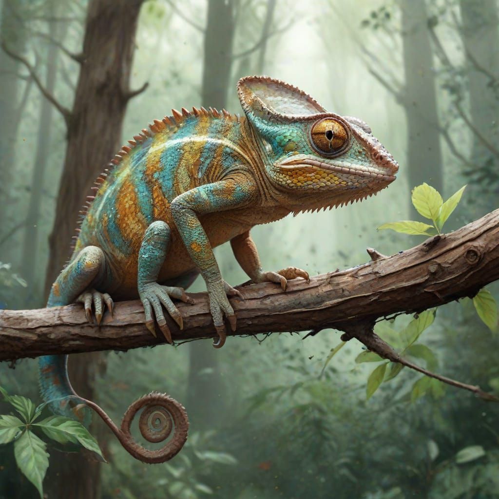 Chameleon Clings to Branch in Vibrant Forest