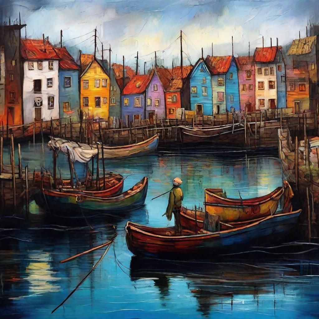 Colorful Fishing Harbor Inspired by Surrealist Art