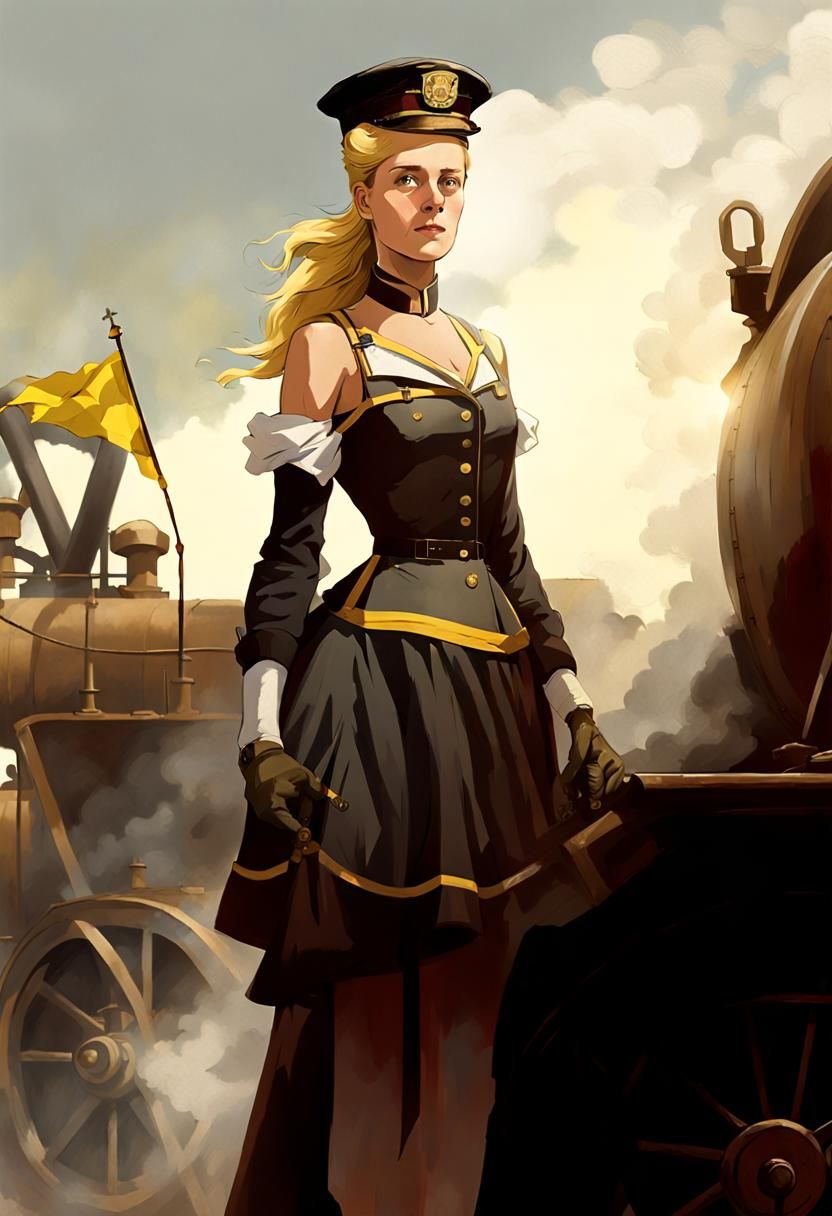 Blonde Woman on Steam Engine with Flag