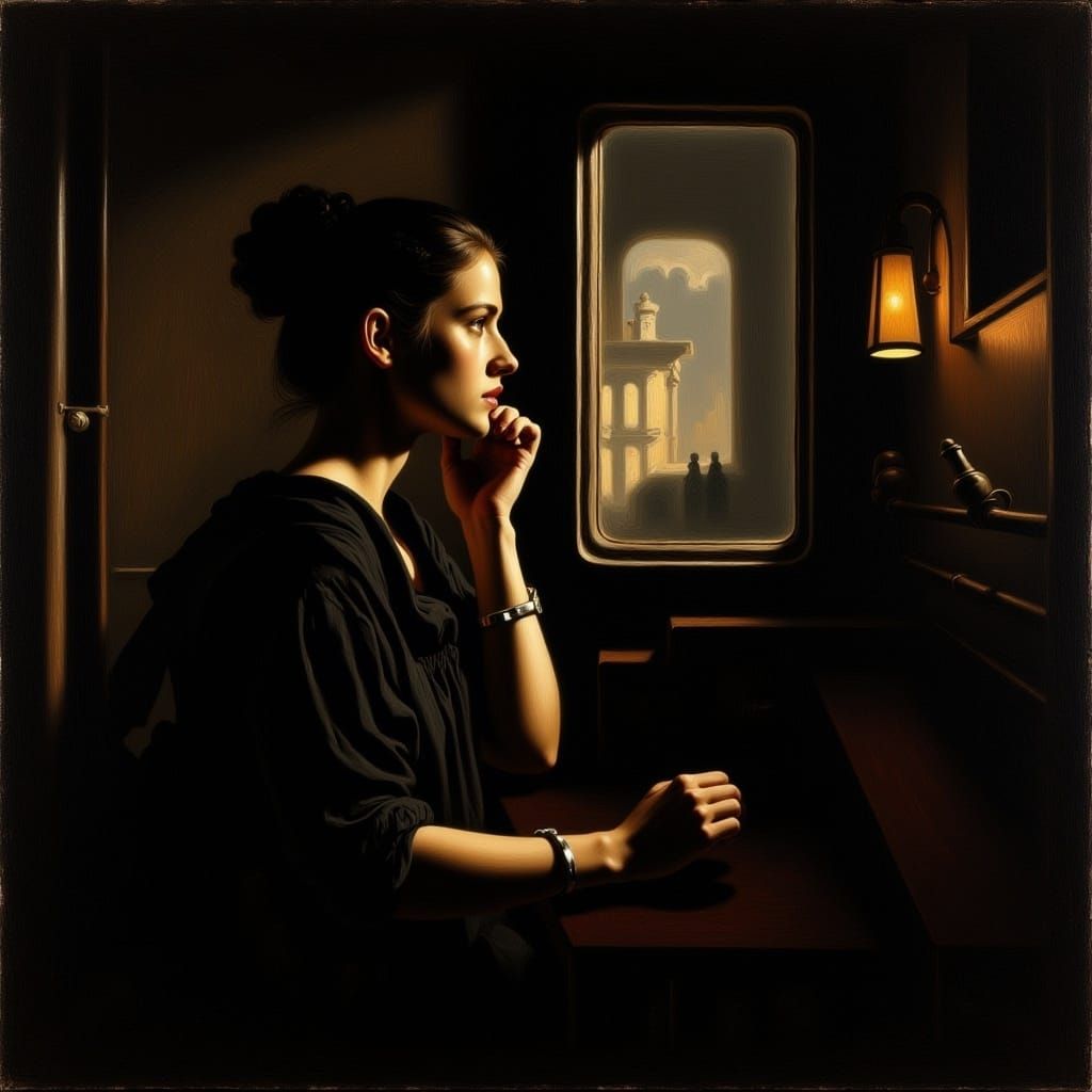 Woman in Train Window, Dramatic Lighting