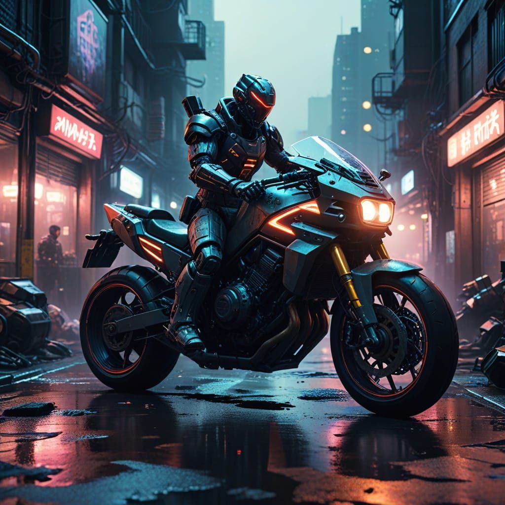 Cyberpunk Warrior Repairs Motorcycle in Neon-Drenched Alleyw...